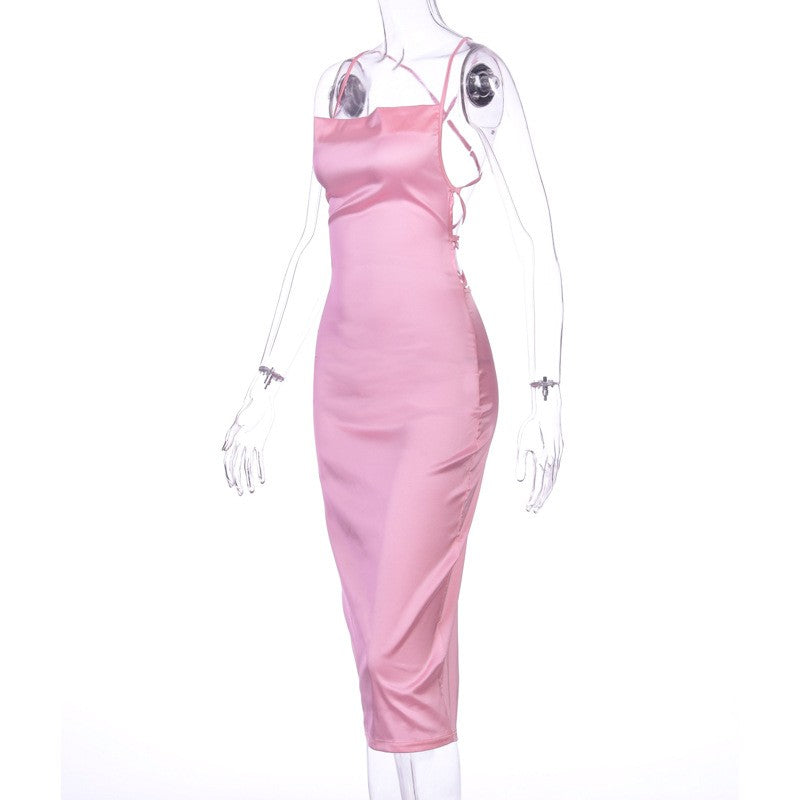Neon Satin Lace Up Women's Long Midi Dress Light Pink Bodycon Backless Elegant P