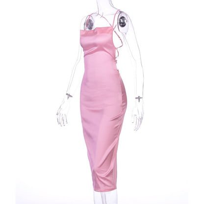 Neon Satin Lace Up Women's Long Midi Dress Light Pink Bodycon Backless Elegant P