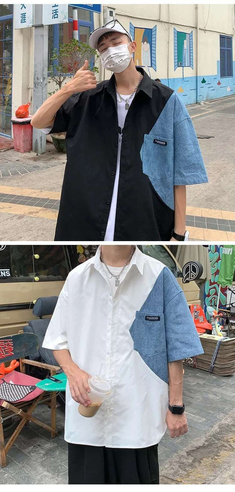 2025 Summer Streetwear Men Short Sleeve Irregular Patchwork Denim Shirt Male Tops Daily Casual Pocket Blouses Unisex Clothes