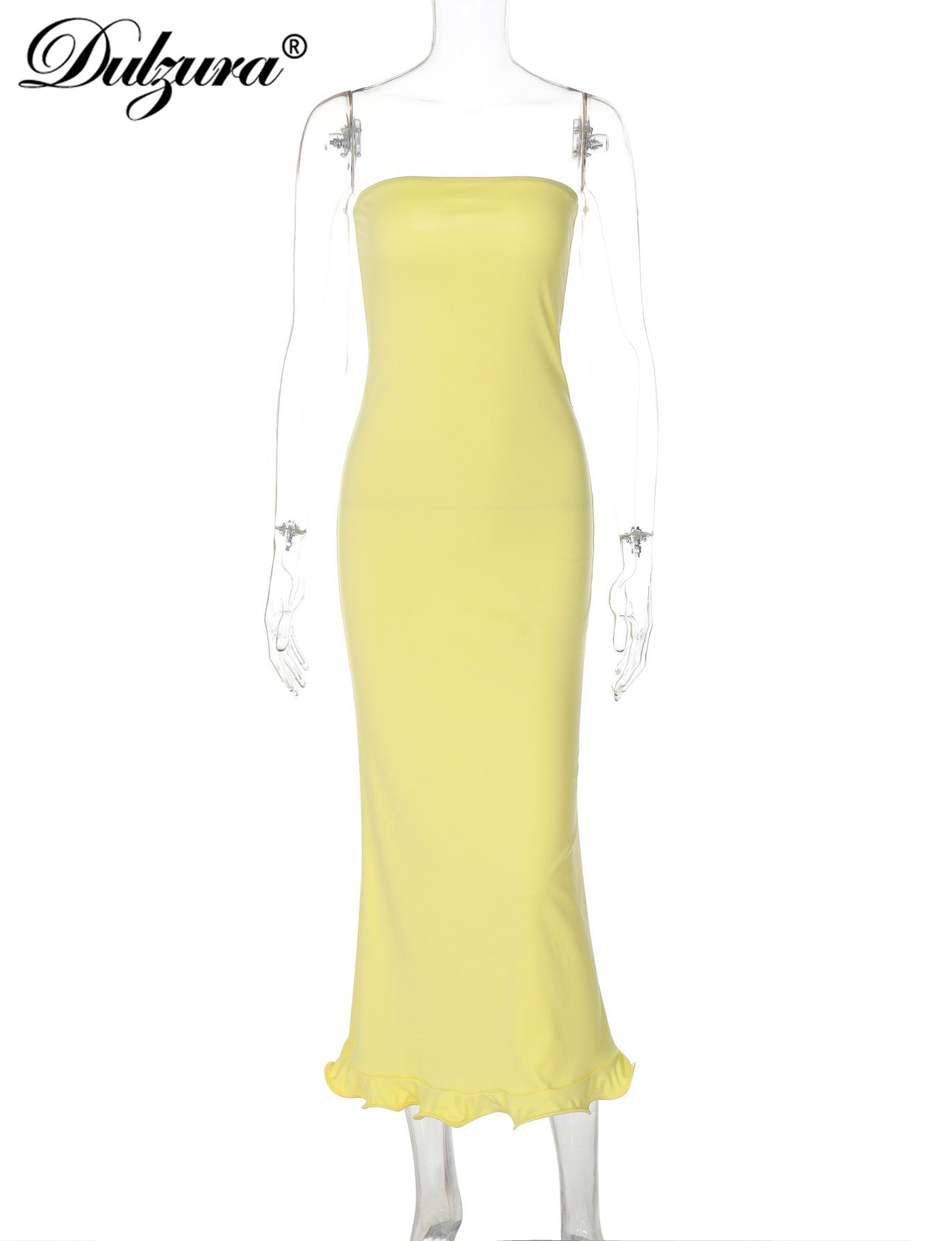 Dulzura Sleeveless Ruffles Patchwork Strapless Bodycon Midi Dress Women'S Solid