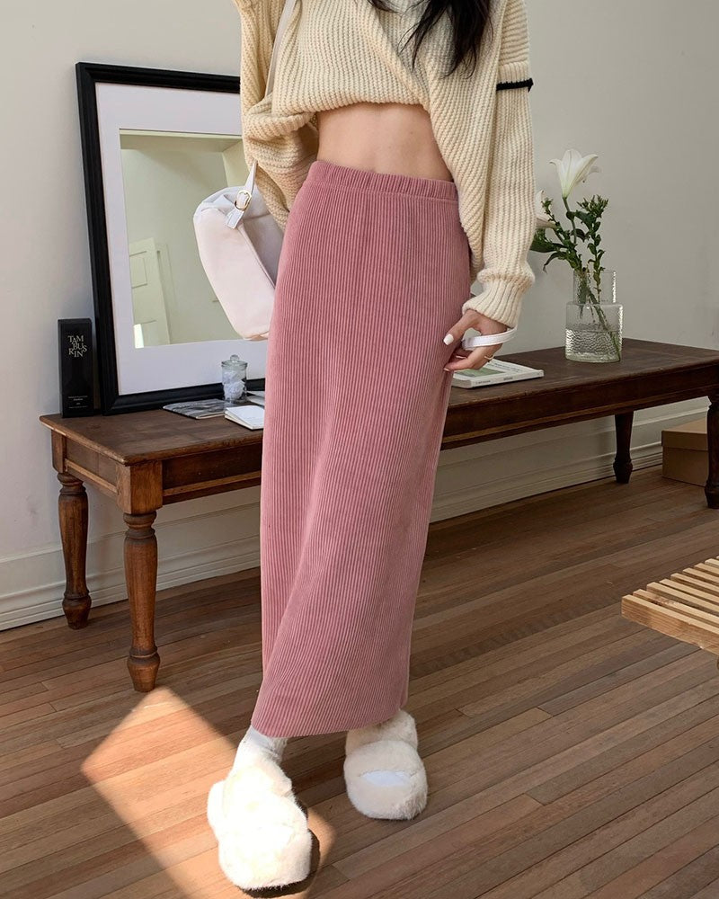New pink autumn/winter corduroy skirt loose large size high waist slim A-line long women's skirt