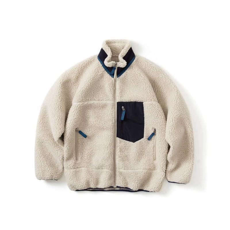 Pata Outdoor Windproof Hiking Fleece Jacket Imitation Lamb Wool Stand Collar Zipper Fleece Jacket Polar Fleece Warm Couple Coat