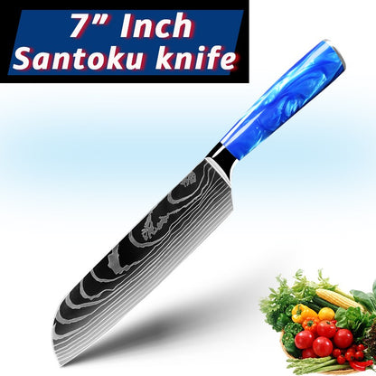 Faca de Cozinha Japonesa Chef 1-10 Peças Conjunto 7CR17 Aço Inoxidável 440C Desenho Damasco Cutelo de Carne Fatiador Santoku Ferramentas de Cozinha
