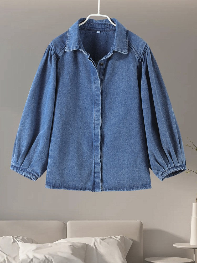 Fashion Denim Women Short Shirt Lapel Half Puff Sleeve Pleated  Turn-down Collar Solid Female Top 2025 Autumn Lady Shirts