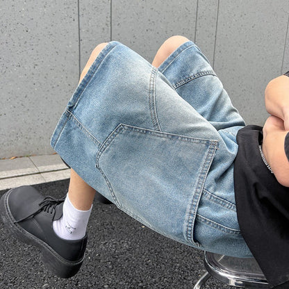 Summer New Baggy Denim Shorts Fashion Casual Straight Harajuku Jeans Male Vintage Wash Drawstring Short Pants Streetwear