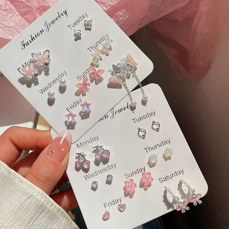 Brincos de Borboleta com Flores Coloridas, Conjunto de Sete Peças para Mulheres, Acessório Diário Personalizado, Joias de Festa, Presentes de Aniversário