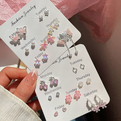 Brincos de Borboleta com Flores Coloridas, Conjunto de Sete Peças para Mulheres, Acessório Diário Personalizado, Joias de Festa, Presentes de Aniversário