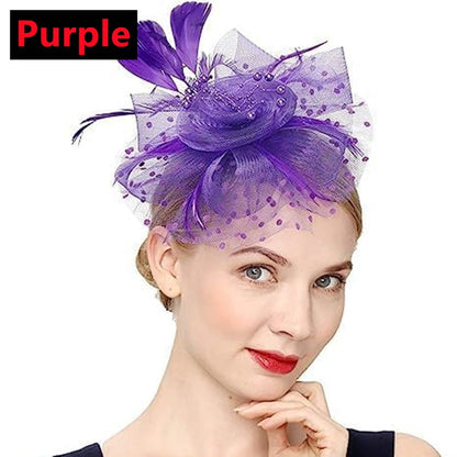 New 12 Color Net and Feather Fascinator Hat Headband Alice Headband Clip Mesh Flower Wedding Cocktail Hair Accessories Tea Party
