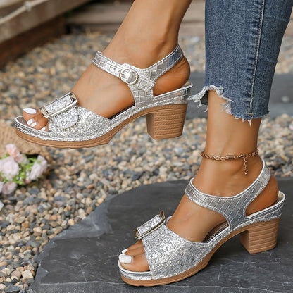 Women's Shiny Sequin High Heels Sandals Summer Ankle Buckle Beach Sandals Casual Woman Plus Size 43 Women's Shoes