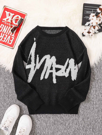 New Popular Spring Autumn Graffiti Jacquard Pattern Pullover Sweater Casual Round Neck Contrast Color Knitted Men's Pullover