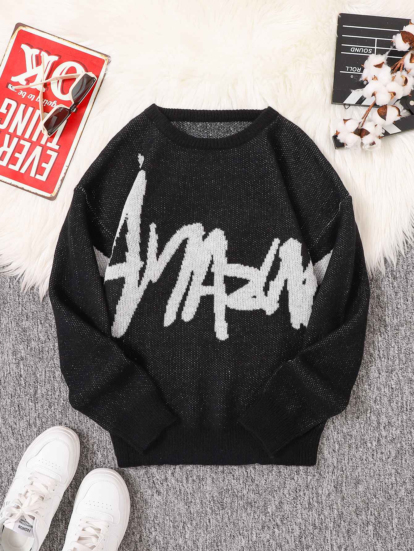 New Popular Spring Autumn Graffiti Jacquard Pattern Pullover Sweater Casual Round Neck Contrast Color Knitted Men's Pullover