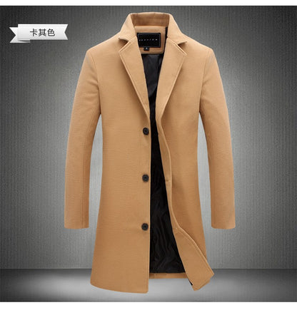 2025 Autumn Winter New Wool Men Long Cotton Coat Blend Pure Color Casual Business Fashion Slim Windbreaker Jacket Men Clothing