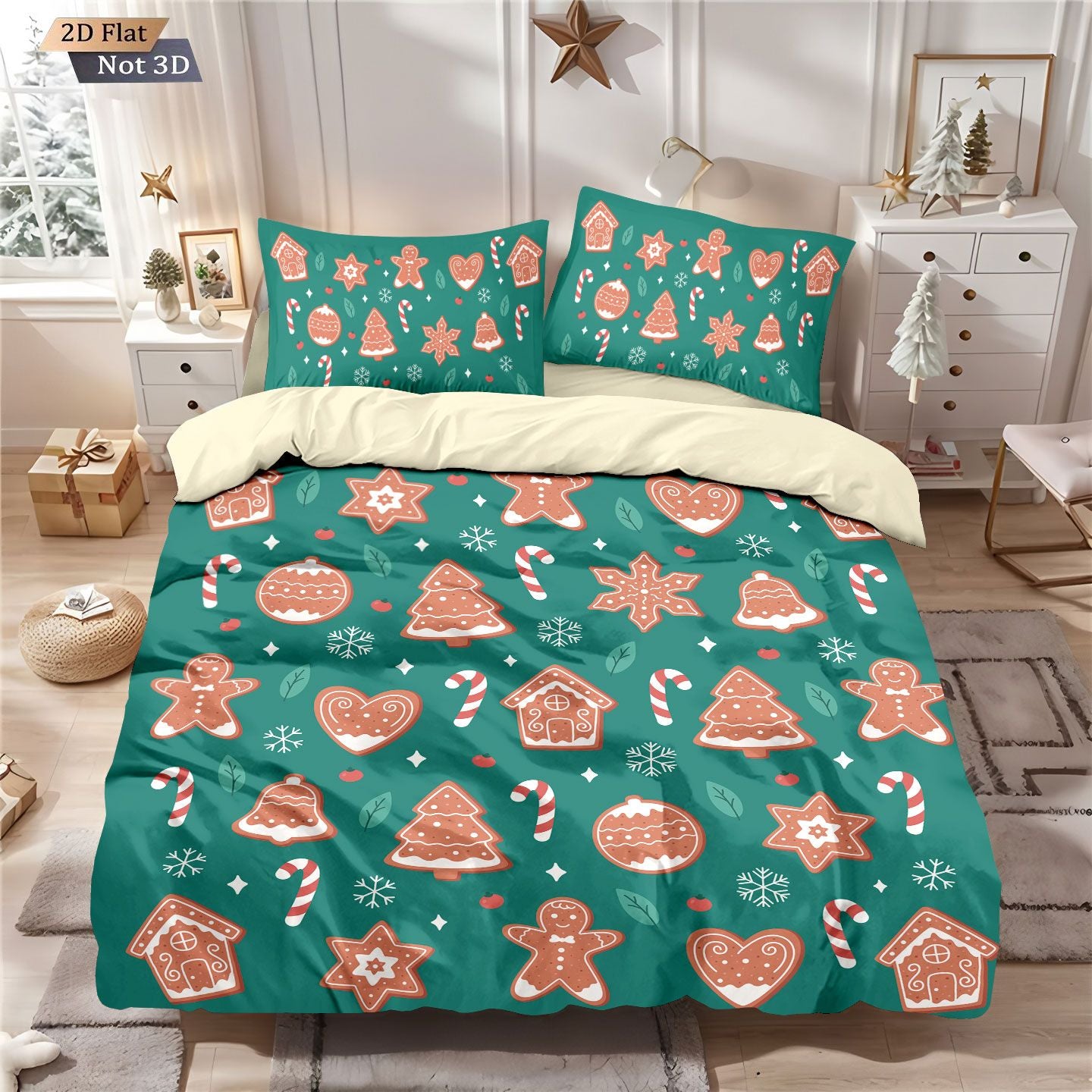 3pcs Merry Christmas Green Printed Chipless Quilt Set, Multi Size Soft Dormitory Bedding, Holiday Decoration Machine Washable