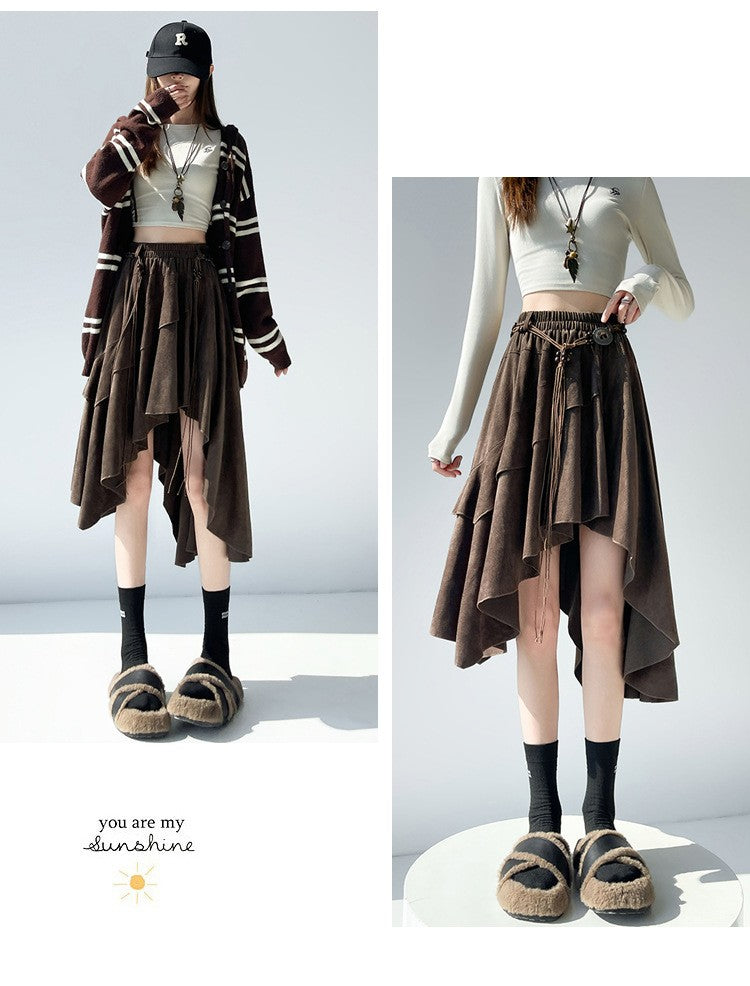 Caramel Suede Half-length Skirt Women's Autumn Winter New Irregular Belt Slim A- Line Midi Umbrella Skirt Comfortable Casual S .