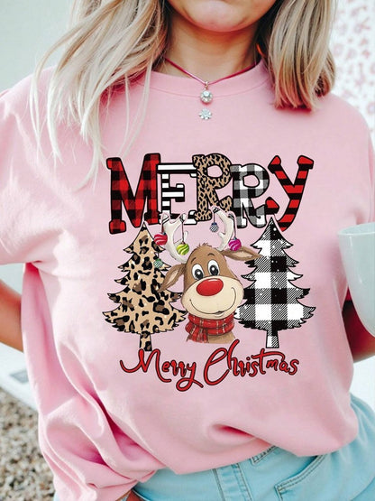 Casual Women Christmas T Shirt Fashion Cute Deer Leopard Christmas Tree Print T-shirt Cartoon Printed Short Sleeve Female T-Shir