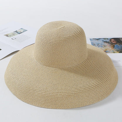 2023 New Summer Sun Hats Ladies Solid Plain Elegant Wide Brim Hat Female Round Top Panama Floppy Straw Beach Hat Women ????