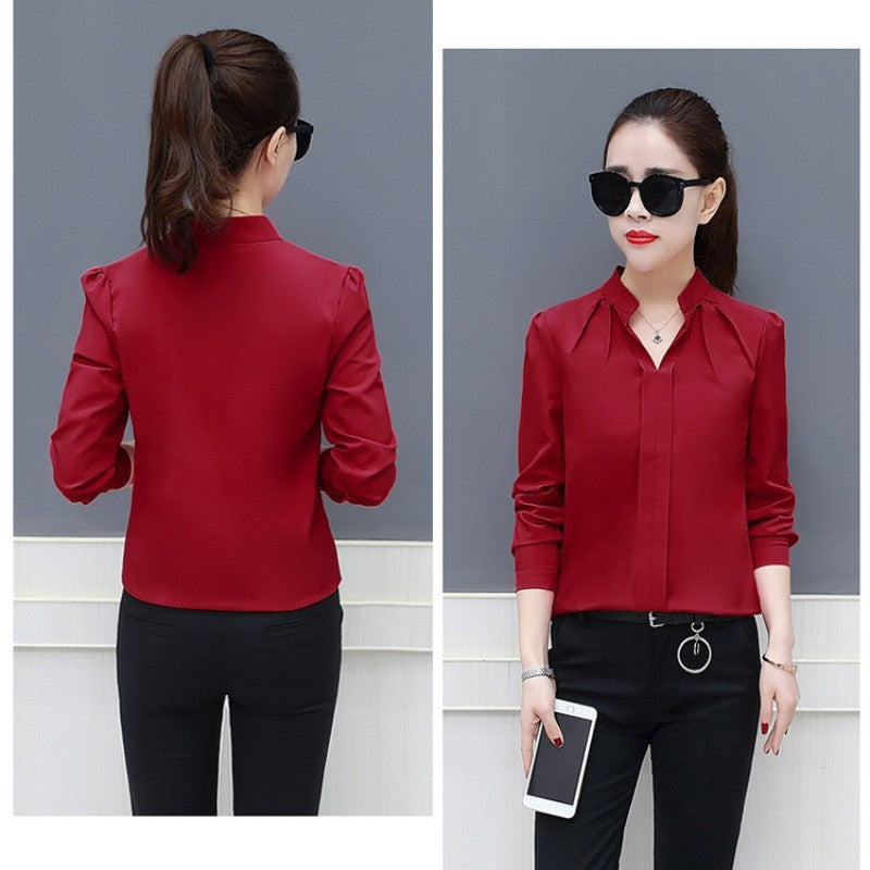 Autumn Spring Fashion Sexy V-Neck Shirt Women OL Formal Long Sleeve Chiffon Blouse M-2XL