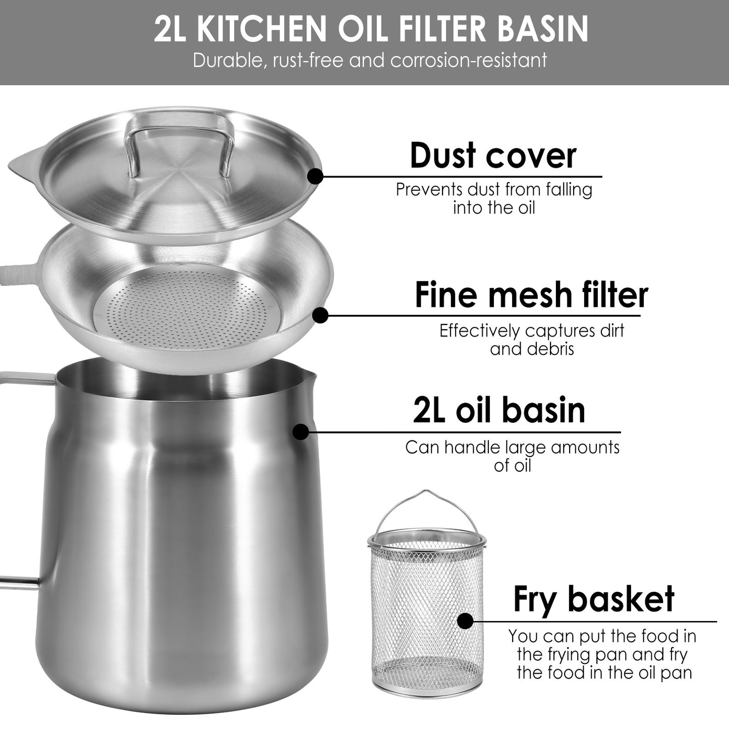 Pote para Filtro de Óleo 1,5L/2L Fritadeira com Cesto Panela Fritadeira de Aço Inoxidável com Cesto para Massas Cesto para Frango Frito