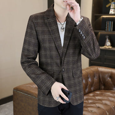 Blazer's New Men's Fashion Outdoor Travel Camping Youth Wedding Hosting Campus Slimming Casual Checkered Korean Version Blazer