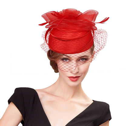 FS Casamento Igreja Chapéus Vermelhos Fascinadores Para Mulheres Com Véu de Pena Festa Coquetel Adorno de Cabeça 2025 Senhora Elegante Chapéu Kentucky Derby
