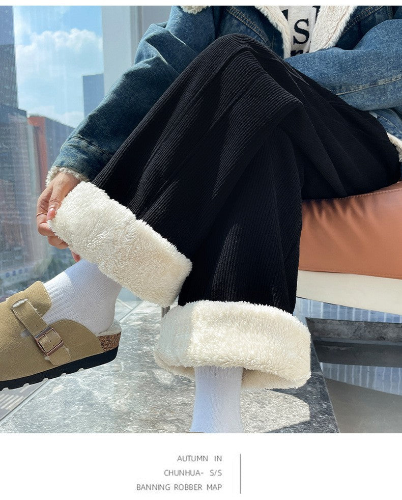 High Waist Warm Trousers Fashion Winter Fleece Thickened Women's Pants Solid Color Loose Elastic Waist Straight Casual Pants
