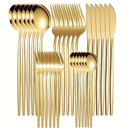 30 Talheres Dourados Prateados Conjunto de Talheres Aço Inoxidável Faca Garfo Colher Jogo de Mesa Conjunto de Talheres de Luxo para Cozinha de Festival