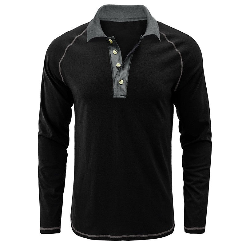 American Men's Autumn Long Sleeve Lapel Henley T-shirt POLO Basic Shirt  Mens Tops