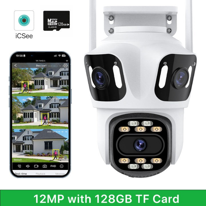 Three Lens Three Screen IP 12MP Camera WiFi External Dual Lens Auto Track Security PTZ 8MP HD Camera iCsee Video Surveillance