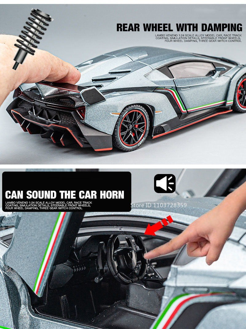 1:24 Countach LP500S VENENO Miniatura de Carro Esportivo Brinquedo Liga Fundida Luz e Som Puxar para Trás Portas Abertas Coleção Supercarro