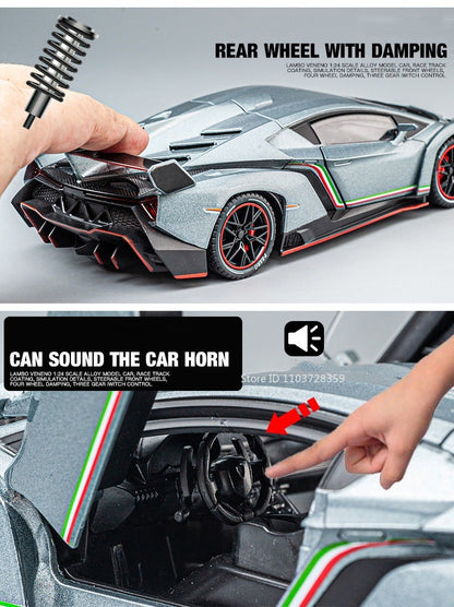 1:24 Countach LP500S VENENO Miniatura de Carro Esportivo Brinquedo Liga Fundida Luz e Som Puxar para Trás Portas Abertas Coleção Supercarro