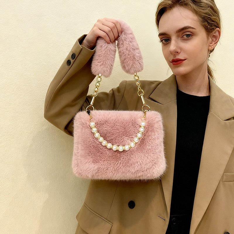 Fashionable Pearl Rabbit Fur Velvet Handbag Women's Crossbody Bag Chain Design Autumn Winter Small Versatile Bag Elegant