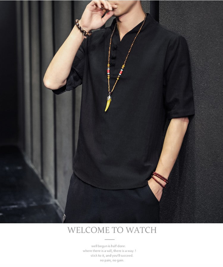 2023 Men Summer Cotton Linen Tang Shirt Men Chinese Style Button Short-Sleeved Shirts Male Blouse Vintage Kung Fu Hawaiian Shirt