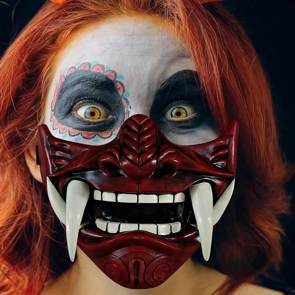 Realistic 3D Japanese Samurai Mask Fierce Teeth Lightweight Halloween Cosplay Masks Breathable Fang Mask Clothing Accessories