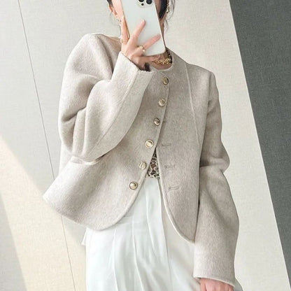 Women's New Round Neck Single-breasted Double-sided Tweed Coat Fashionable Casual and Versatile Elegant Top