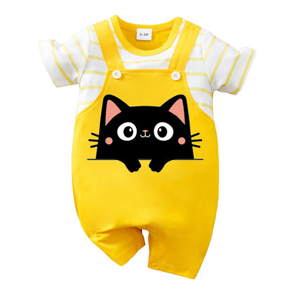 IURNXB Newborn Baby Romper Summer Cat Printed Short Sleeve Stripe Jumpsuit Infant One Piece Outfit for Boys Girls Unisex 0-18M