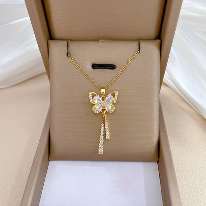 Colar Requintado de Borboleta com Zircônia Micro Incrustada para Mulheres, Aço Inoxidável, Lua, Borboleta, Flor, Gargantilha, Joia