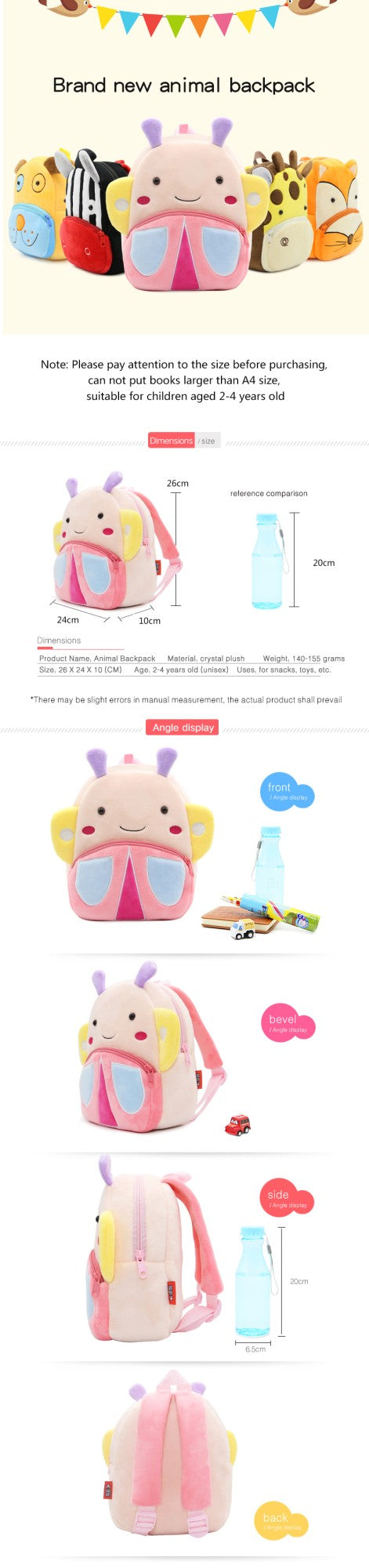 Mochila escolar para meninas, mochila infantil fofa de borboleta rosa de pelúcia, mochila escolar para jardim de infância