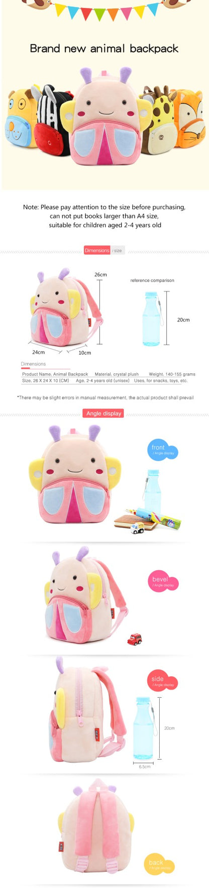 Mochila escolar para meninas, mochila infantil fofa de borboleta rosa de pelúcia, mochila escolar para jardim de infância