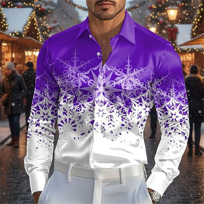 Fashionable 3D printed Christmas deer design style men's long sleeved shirt slim fit lapel button casual party plus men's shirt