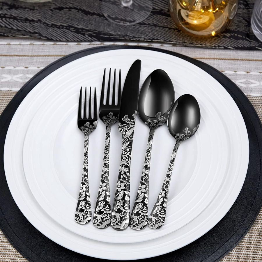 Conjunto de Talheres de Aço Inoxidável 20 Peças com Padrão de Borboleta, Talheres Espelhados, com Colher, Garfo e Faca, Adequado para Entusiastas de Dark Rock, Adequado para o Halloween,