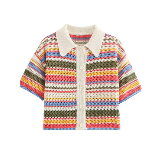 TRZA-Women's Striped Crochet Knit Crop Sweater, Polo Collar, Short Sleeve, Button-up, Female Outerwear, Chic Tops, Fashion
