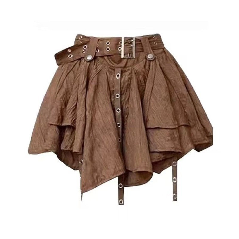 High Street Fashion Brand Brown Gothic Harajuku Fashion Skirt Retro Striped Casual Loose Streetwear Pleated Short Skirt Women