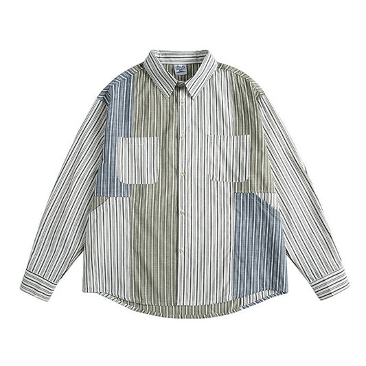 Stripe Splice Shirt Men Japnese Streetwear Fashion Loose Casual Long Sleeve Shirts Cityboy Oversize Cargo Shirts Blouses