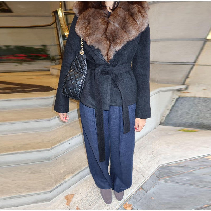 Elegant Faux Fur Lace Up Woolen Coat Women Shawl Collar Belted Waist Full Sleeve Coats Female Autumn Winter Fashion Lady Outwear