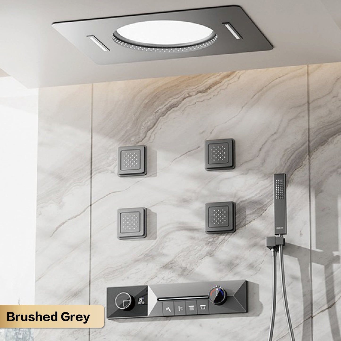 AITANA sistema de chuveiro de luxo em latão cinza arma, embutido no teto, com temperatura constante e display digital LED, torneira de banheiro com água quente e fria