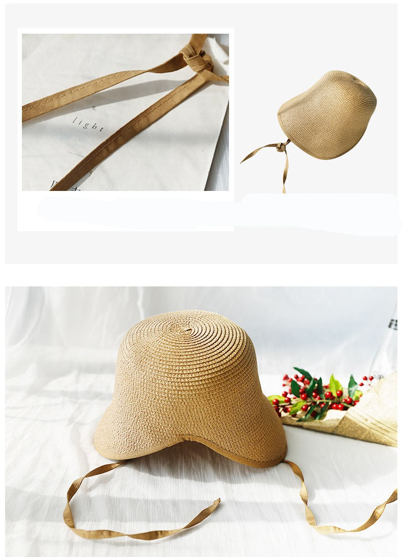 Chapéus de Sol de Festa Femininos FS Fashion Straw Regency Bonnets Hats para Mulheres Chapéu de Praia com Laço e Aba Grande Chapéu Cloche Fedora Chapeau Femme