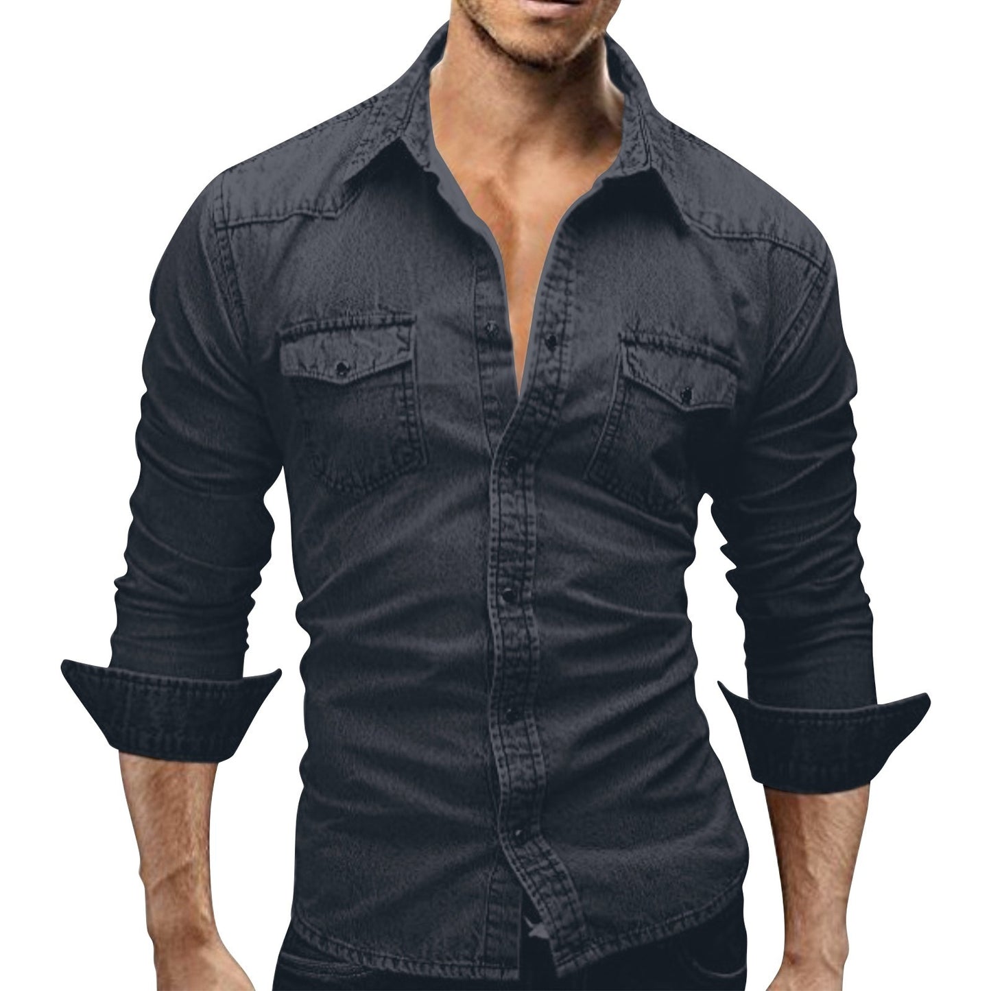 Men'S Autumn Fashion Clothing Casual Fashion Long Sleeve Lapel Shirts Solid Color Denim Washed Shirt Men'S Tops