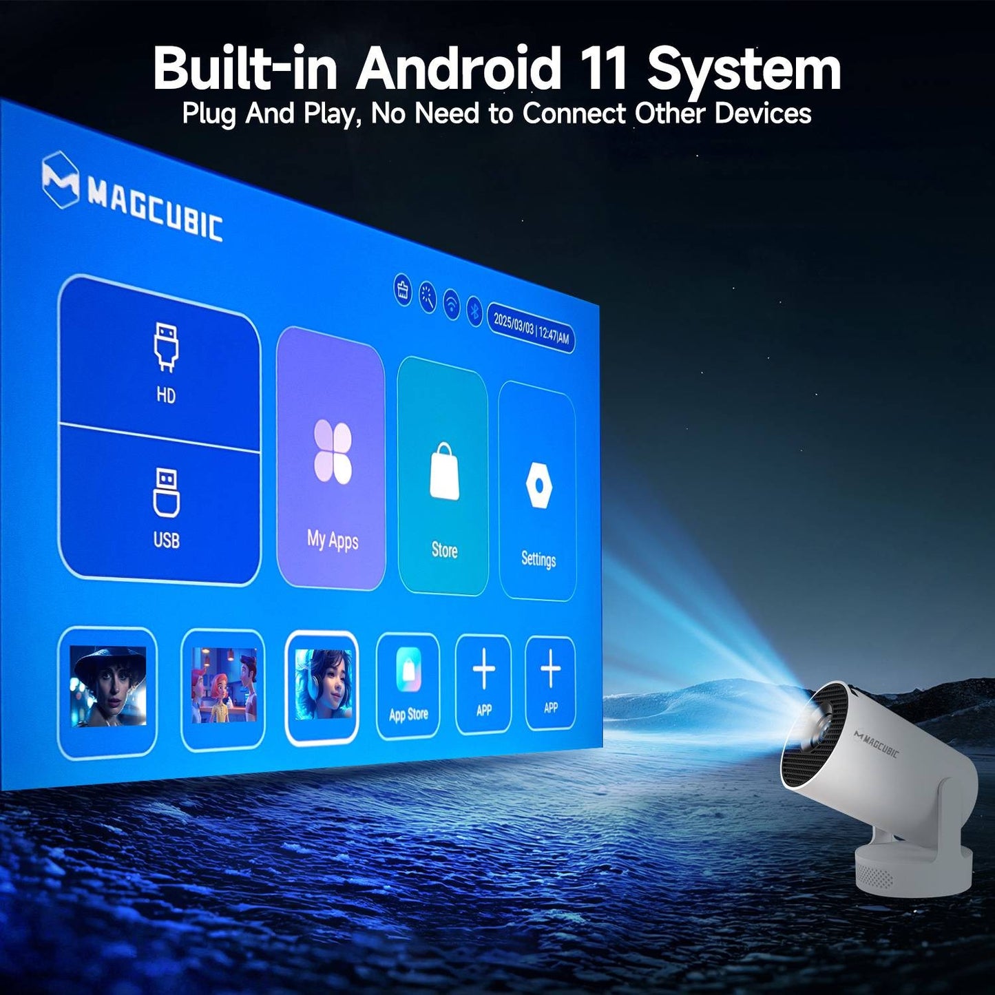 Projetor Magcubic HY300 Pro + 4K 720P Com Alto-falante de 5W Android 11 8000 Lumens WiFi 6 BT5.4 Projetor de Vídeo para Home Theater ao Ar Livre