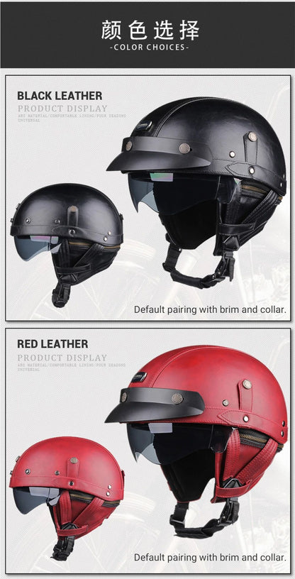 Retro Motorcycle Helmet PU Leather Moto Helmets Men Women Half Helmet HD Lens Casco Four Seasons Riding Scooter Capacetes