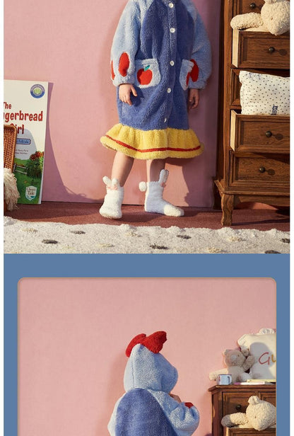 Disney Snow White Kids Hooded Robe Winter Princess Child Thick Keep Warm Long Nightgown Front Button Coral Fleece Soft Bathrobe
